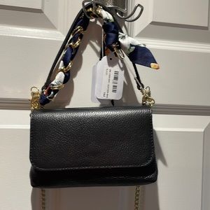 Black leather bag. Gold chain strap/ blue chain scarf strap NWT. SHOE INN